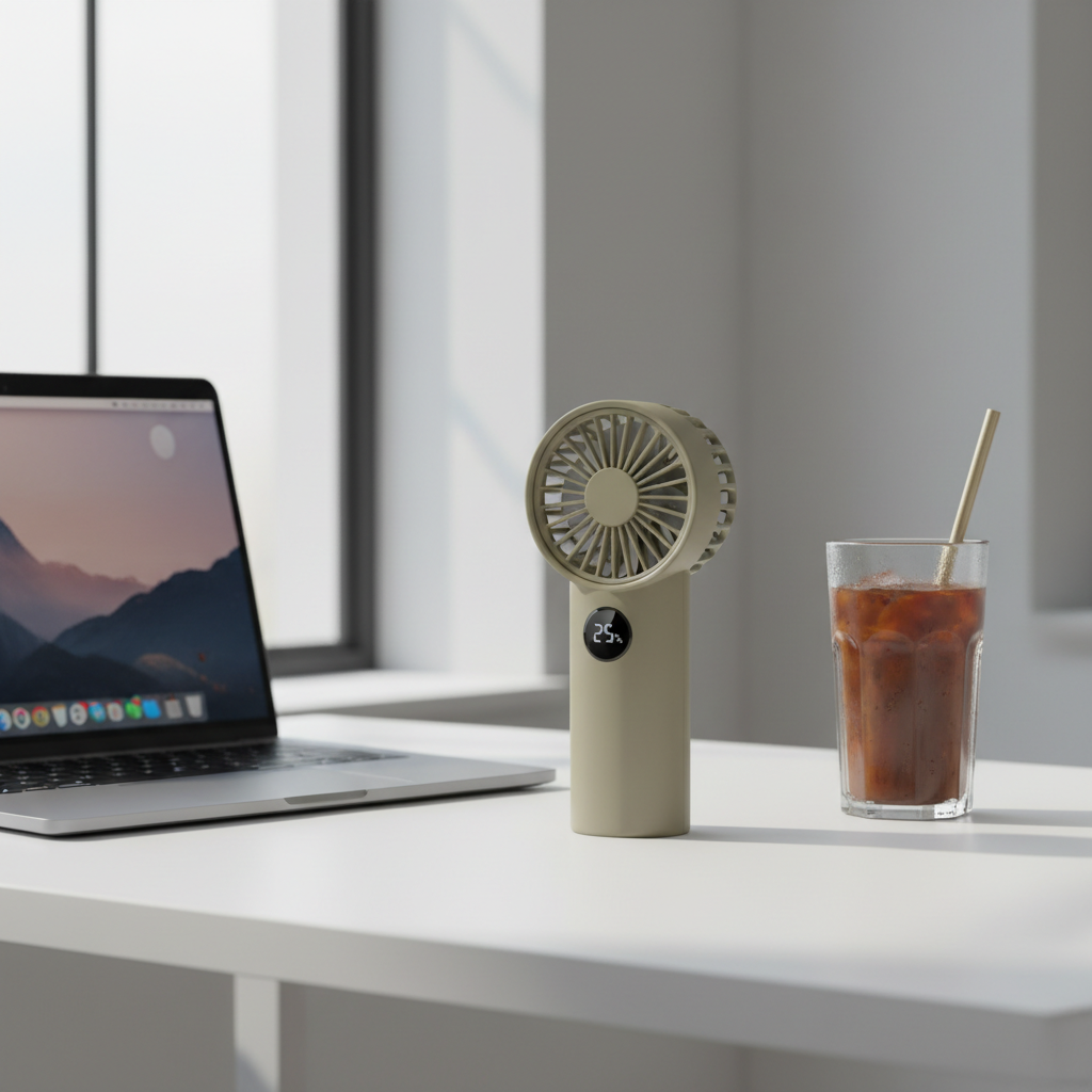BreezeBolt TurboFan Pro portable handheld fan on minimal desk setup next to laptop, khaki colorway