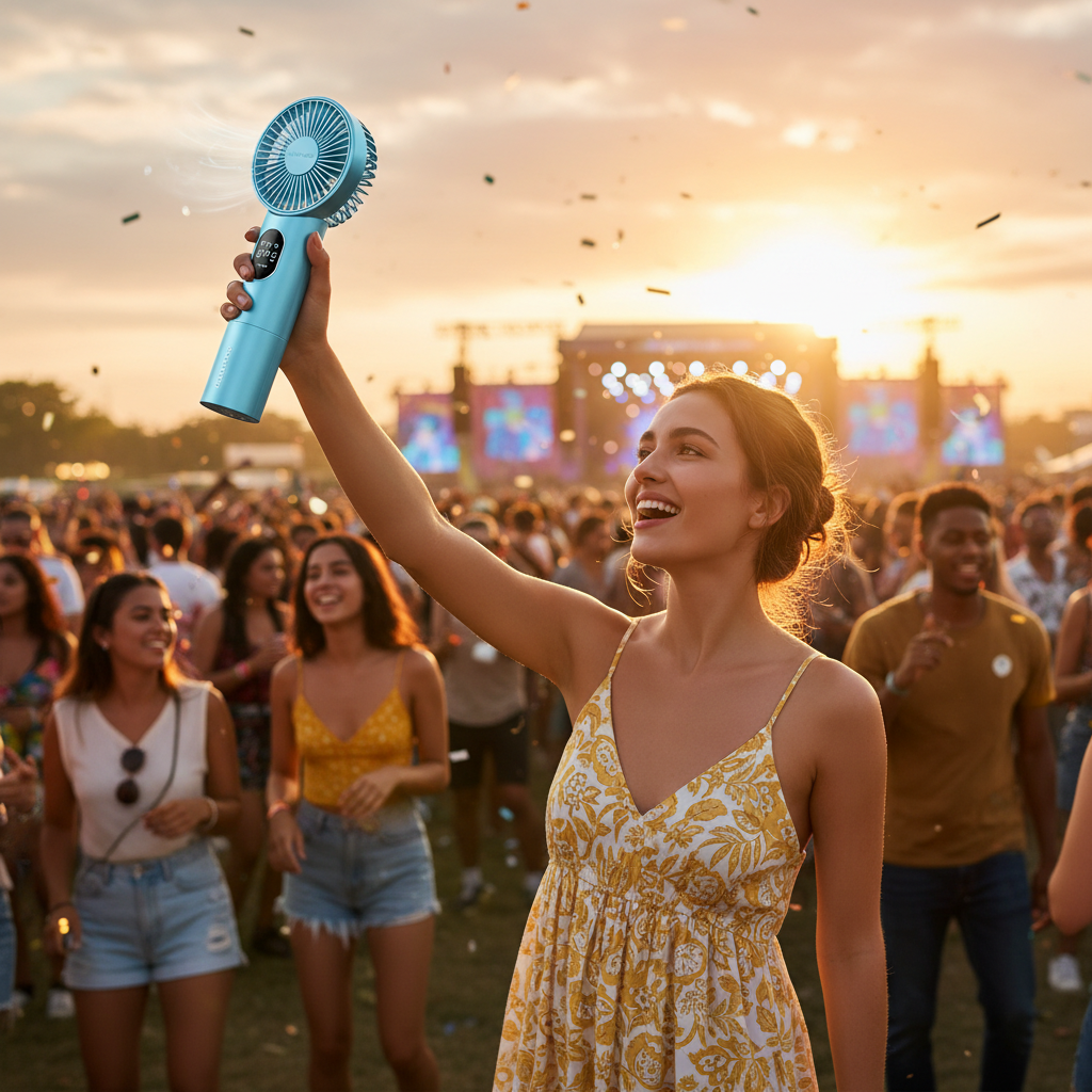 Woman holding BreezeBolt TurboFan Pro portable handheld fan at outdoor summer festival, sky blue colorway