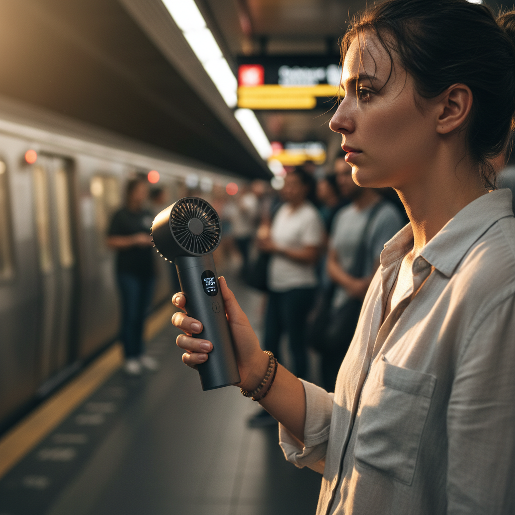 Person holding BreezeBolt TurboFan Pro portable handheld fan during city commute, dark gray colorway