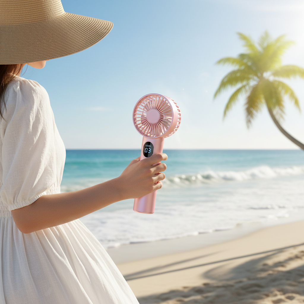 Woman holding BreezeBolt TurboFan Pro portable handheld fan at sunny beach, pink colorway